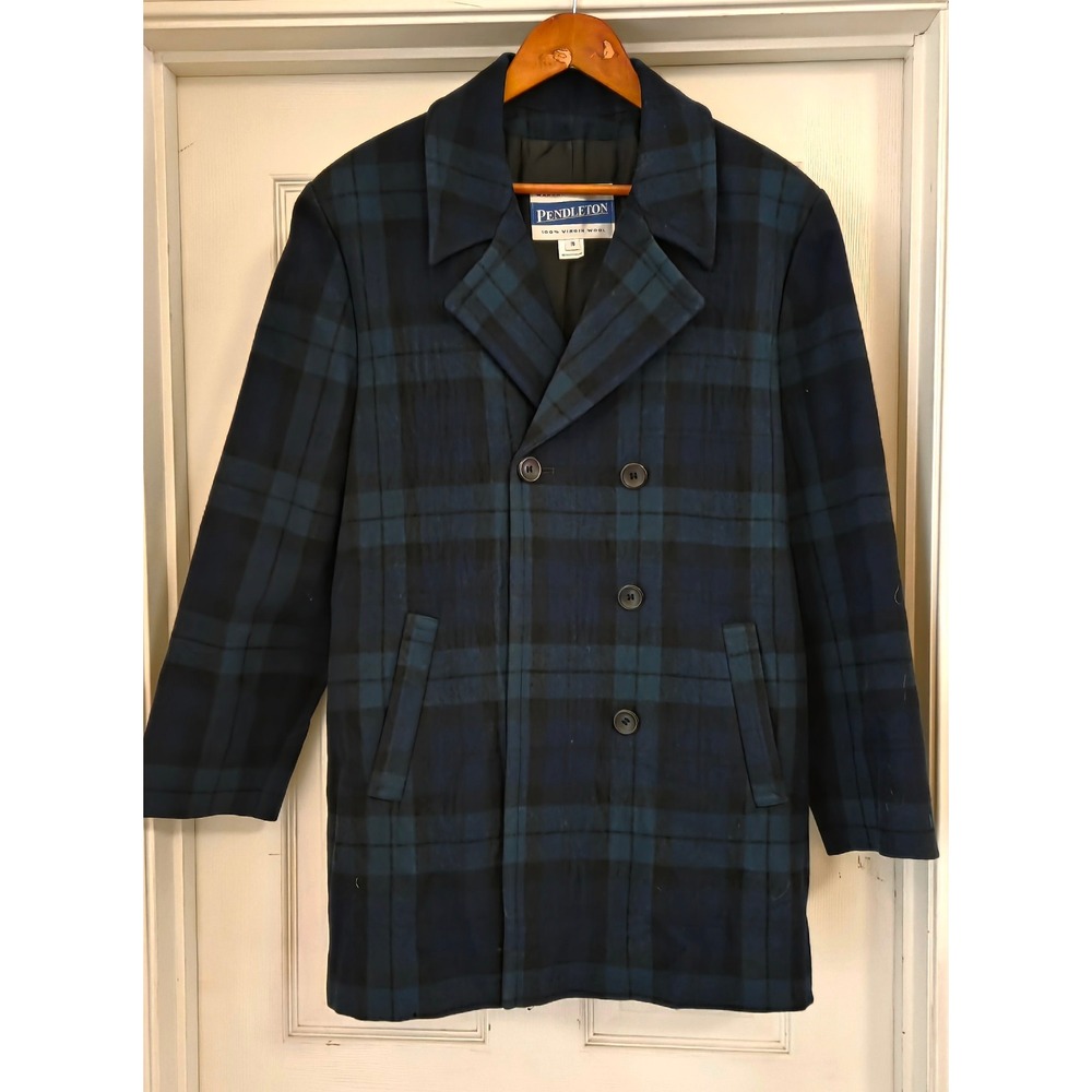 Pendleton Vintage Wool Pea Coat Black Watch Plaid Navy Green Double Breasted 18